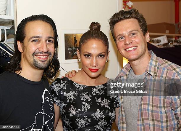 Composer/Lyrics/Star Lin-Manuel Miranda, Jennifer Lopez and Jonathan Groff pose backstage at the hit new musical "Hamilton" on Broadway at The...