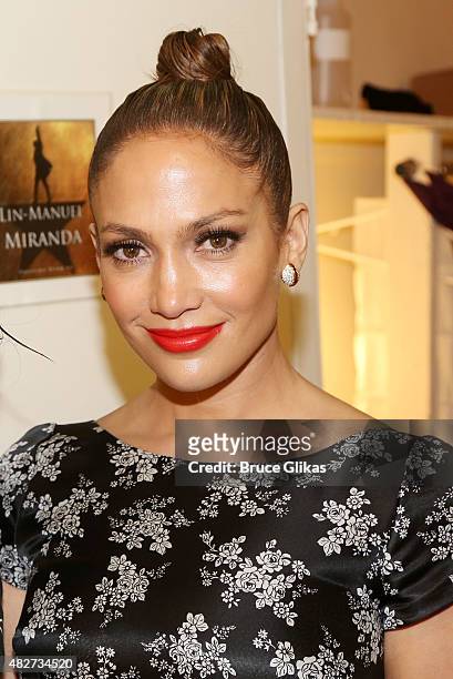 Jennifer Lopez poses backstage at the hit new musical "Hamilton" on Broadway at The Richard Rogers Theater on August 1, 2015 in New York City.
