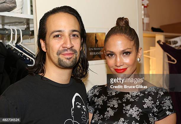 Composer/Lyricist/Star Lin-Manuel Miranda and Jennifer Lopez pose backstage at the hit new musical "Hamilton" on Broadway at The Richard Rogers...