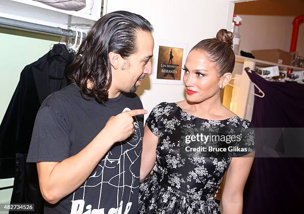 Composer/Lyricist/Star Lin-Manuel Miranda and Jennifer Lopez chat backstage at the hit new musical "Hamilton" on Broadway at The Richard Rogers...