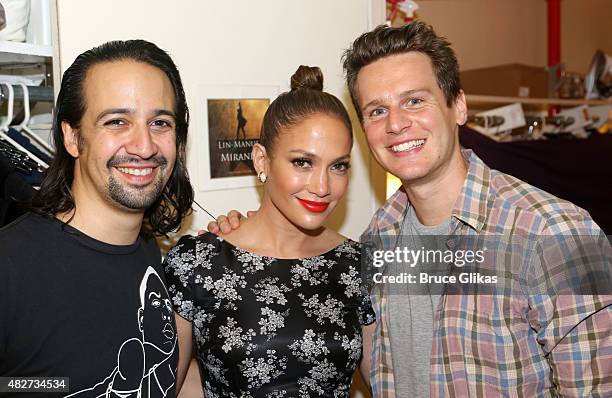 Composer/Lyrics/Star Lin-Manuel Miranda, Jennifer Lopez and Jonathan Groff pose backstage at the hit new musical "Hamilton" on Broadway at The...