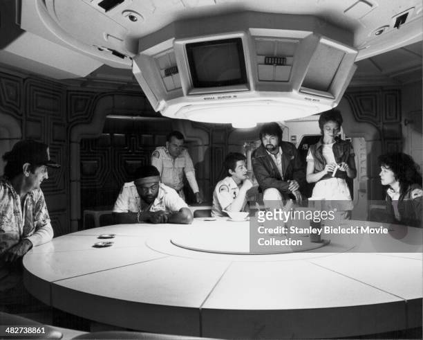 The crew of the Nostromo; actors Harry Dean Stanton, Yaphet Kotto, Ian Holm, John Hurt, Tom Skerrit, Veronica Cartwright and Sigourney Weaver, in the...