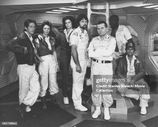 The crew of the Nostromo; actors John Hurt, Veronica Cartwright, Sigourney Weaver, Tom Skerritt, Ian Holm, Yaphet Kotto and Harry Dean Stanton, in a...