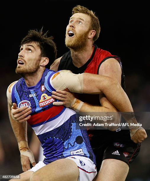 Jonathan Giles of the Bombers and Tom Campbell of the Bulldogs compete in a ruck contest during the 2015 AFL round 18 match between the Essendon...