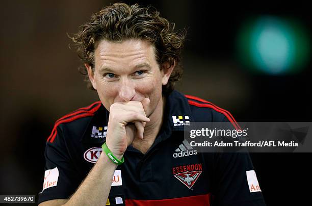 James Hird, Senior Coach of the Bombers looks on during the 2015 AFL round 18 match between the Essendon Bombers and the Western Bulldogs at Etihad...