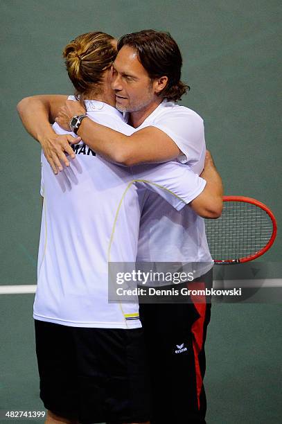 Peter Gojowzyk of Germany celebrates after winning his match against Jo-Wilfried Tsonga of France during day 1 of the Davis Cup Quarter Final match...