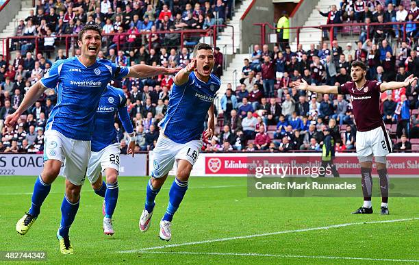 Graham Cummins of St Johnstone celebrates after scoring during the Ladbrokes Scottish Premiership match between Heart of Midlothian FC and St...