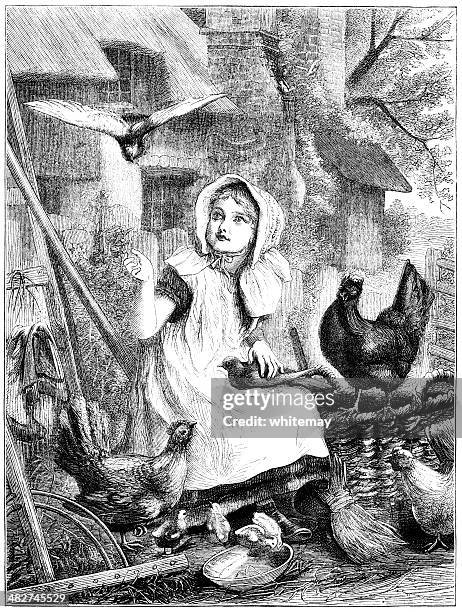 illustrations, cliparts, dessins animés et icônes de jeune fille de nourrir les oiseaux de style victorien - poulet vol