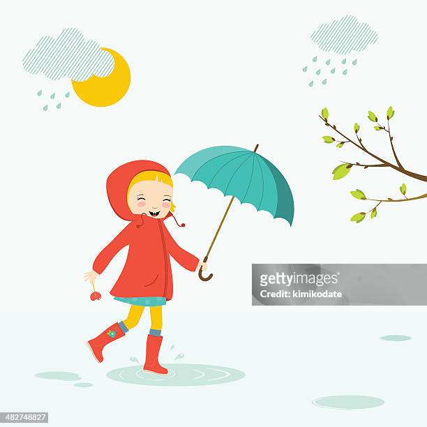 little girl with umbrella - puddle stock illustrations