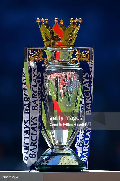 The Premier League Trophy is displayed prior to the FA Community Shield match between Chelsea and Arsenal at Wembley Stadium on August 2, 2015 in...