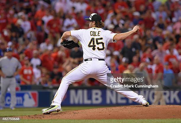 National League All-Star Gerrit Cole of the Pittsburgh Pirates pitches during the 86th MLB All-Star Game at Great American Ball Park on July 14, 2015...