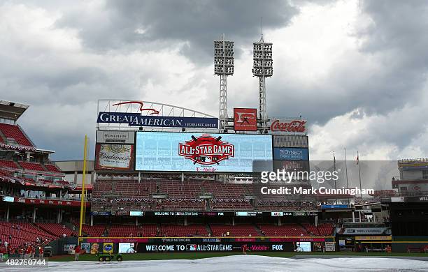 General view of Great American Ball Park as storm clouds roll in prior to the 86th MLB All-Star Game at Great American Ball Park on July 14, 2015 in...