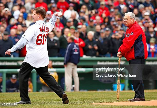 Current Boston mayor, Marty Walsh, and former Boston mayor, Thomas Menino throw out the first pitch prior to the Opening Day game between the Boston...