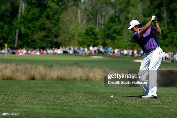 Phil Mickelson of the United States hits a tee shot on the ninth hole during round two of the Shell Houston Open at the Golf Club of Houston on April...