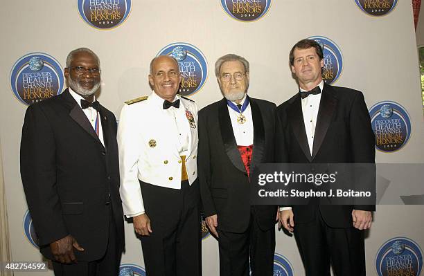Left to right, Surgeon Generals Dr. Richard Carmona, Dr. David Satcher, Dr, C. Everett Koop and President of Discovery Networks Billy Campbell stand...