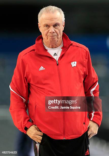 Head coach Bo Ryan of the Wisconsin Badgers on the court as the Badgers practice ahead of the 2014 NCAA Men's Final Four at AT&T Stadium on April 4,...