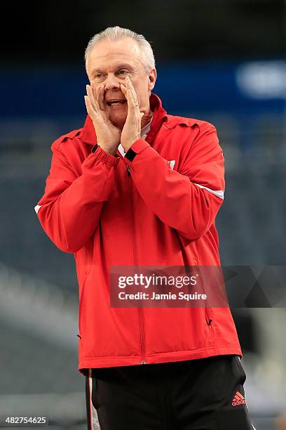 Head coach Bo Ryan of the Wisconsin Badgers on the court as the Badgers practice ahead of the 2014 NCAA Men's Final Four at AT&T Stadium on April 4,...