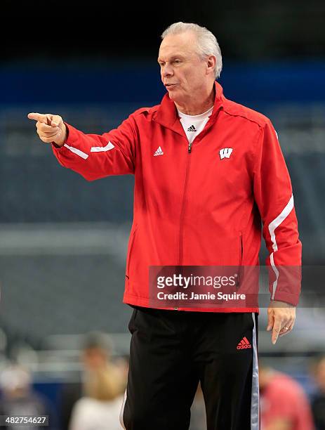 Head coach Bo Ryan of the Wisconsin Badgers on the court as the Badgers practice ahead of the 2014 NCAA Men's Final Four at AT&T Stadium on April 4,...