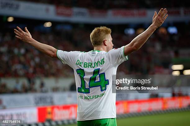 Kevin De Bruyne of VfL Wolfsburg gestures during the DFL Supercup 2015 match between VfL Wolfsburg and FC Bayern Muenchen at Volkswagen Arena on...