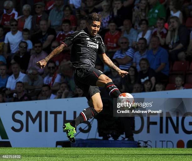 Roberto Firmino of Liverpool in action during a preseason friendly at County Ground on August 2, 2015 in Swindon, England.