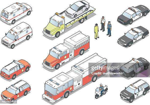stockillustraties, clipart, cartoons en iconen met isometric emergency vehicles - driekwartlengte
