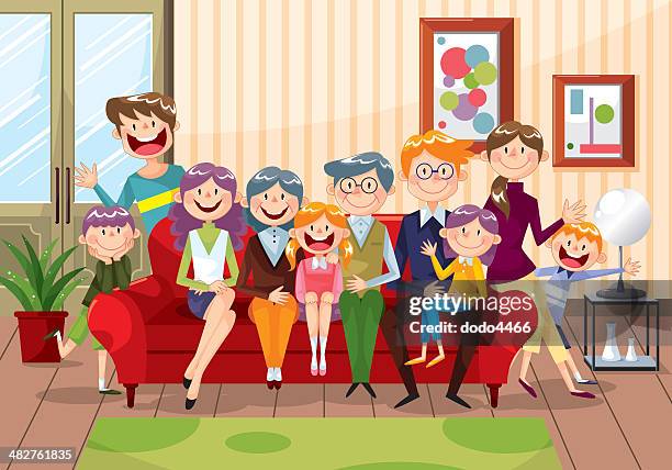 glückliche familie - familie sofa stock-grafiken, -clipart, -cartoons und -symbole