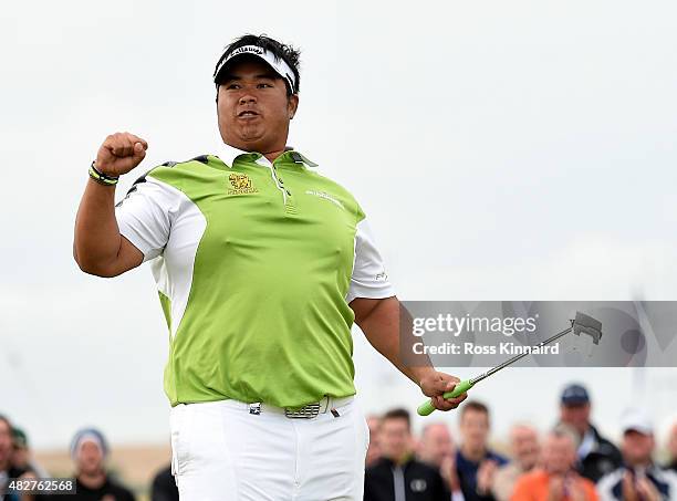 Kiradech Aphibarnrat of Thailand celebrates winning his match against Robert Karlsson of Sweden in the final of the Saltire Energy Paul Lawrie...