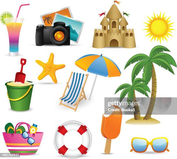 ilustraciones, imágenes clip art, dibujos animados e iconos de stock de colección de iconos de verano playa y - juegos de palmas