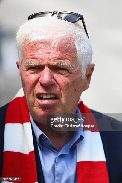 Werner Spinner, president of Koeln looks on prior to the Colonia Cup 2015 match between 1. FC Koeln and FC Valencia at RheinEnergieStadion on August...
