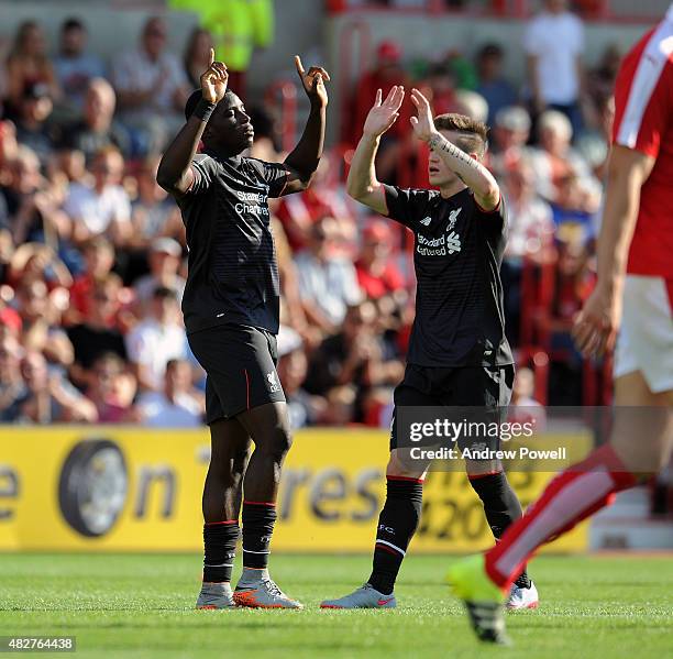 Sheyi Ojo of Liverpool celebrates after scoring the second for Liverpool during a preseason friendly at County Ground on August 2, 2015 in Swindon,...