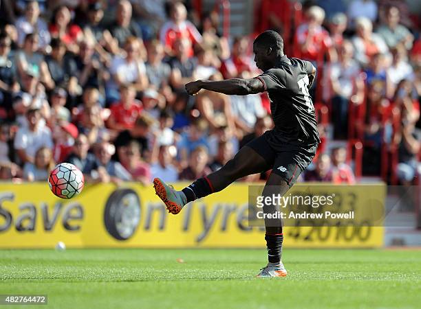 Sheyi Ojo of Liverpool scoring the second for Liverpool during a preseason friendly at County Ground on August 2, 2015 in Swindon, England.
