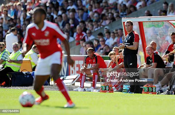 Brendan Rodgers manager of Liverpool looks on during a preseason friendly at County Ground on August 2, 2015 in Swindon, England.