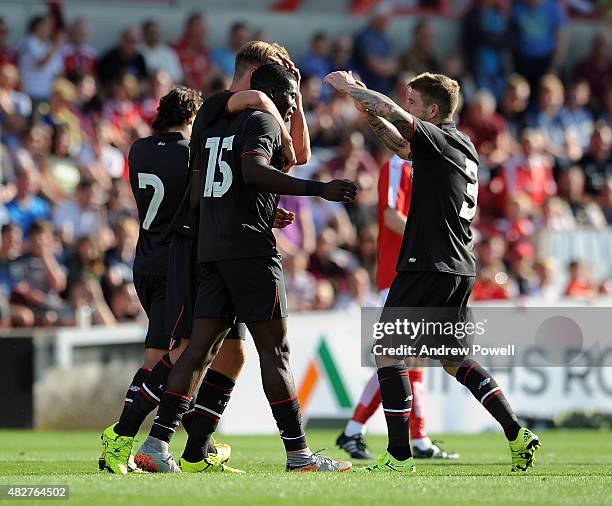 Sheyi Ojo of Liverpool celebrates after scoring the second for Liverpool during a preseason friendly at County Ground on August 2, 2015 in Swindon,...