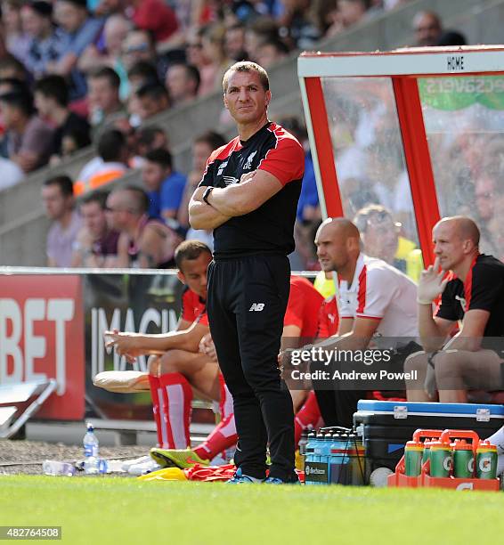 Brendan Rodgers manager of Liverpool looks on during a preseason friendly at County Ground on August 2, 2015 in Swindon, England.