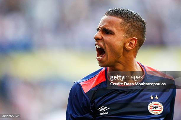 Adam Maher of PSV celebrates scoring his teams second goal of the game during the Johan Cruijff Shield match between FC Groningen and PSV Eindhoven...