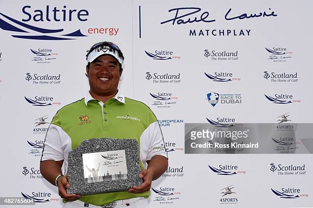 Aphibarnrat of Thailand with the winners trophy after his match against Robert Karlsson of Sweden in the final of the Saltire Energy Paul Lawrie...