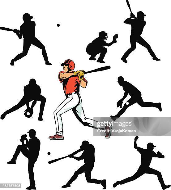 baseball players set - silhouettes and color drawing - baseball pitcher vector stock illustrations