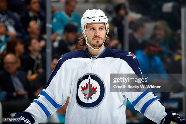 Keaton Ellerby of the Winnipeg Jets during a break in play against the San Jose Sharks at SAP Center on March 27, 2014 in San Jose, California.