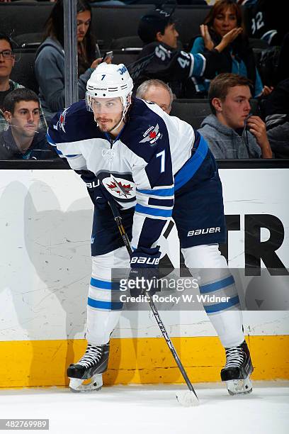 Keaton Ellerby of the Winnipeg Jets skates against the San Jose Sharks at SAP Center on March 27, 2014 in San Jose, California.