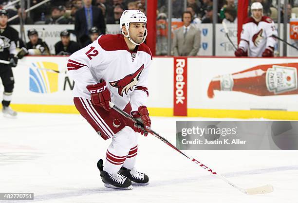 Paul Bissonnette of the Phoenix Coyotes skates against the Pittsburgh Penguins during the game at Consol Energy Center on March 25, 2014 in...