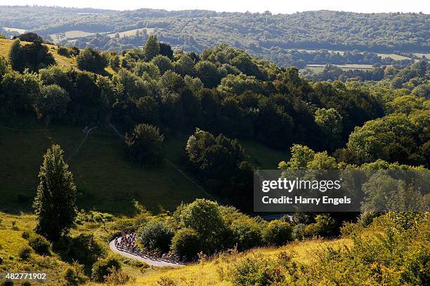 The peloton climbs Box Hill during the Prudential RideLondon Surrey Classic, a 200km route through London and Surrey, on August 2, 2015 in London,...