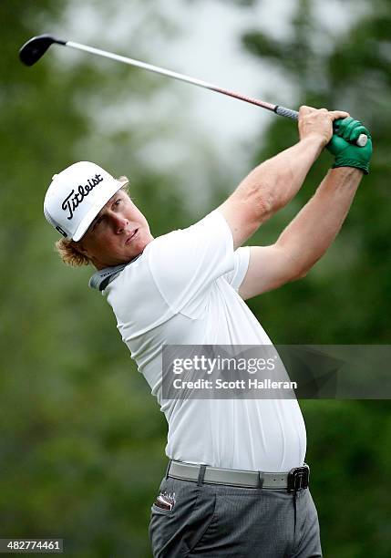 Charley Hoffman of the United States plays a shot on the ninth tee during round one of the Shell Houston Open at the Golf Club of Houston on April 3,...