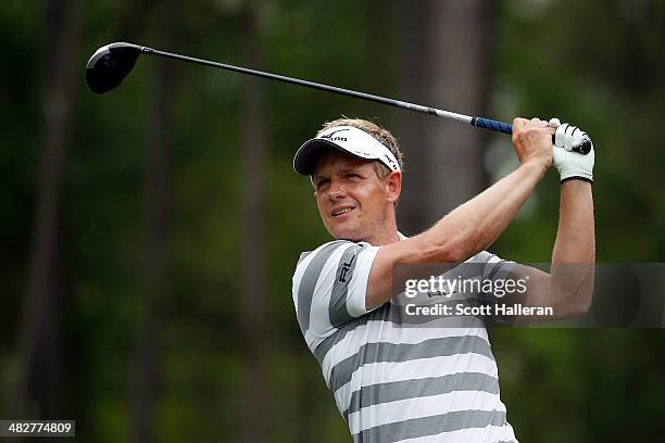 Luke Donald of England watches his tee shot on the sixth hole during round one of the Shell Houston Open at the Golf Club of Houston on April 3, 2014...