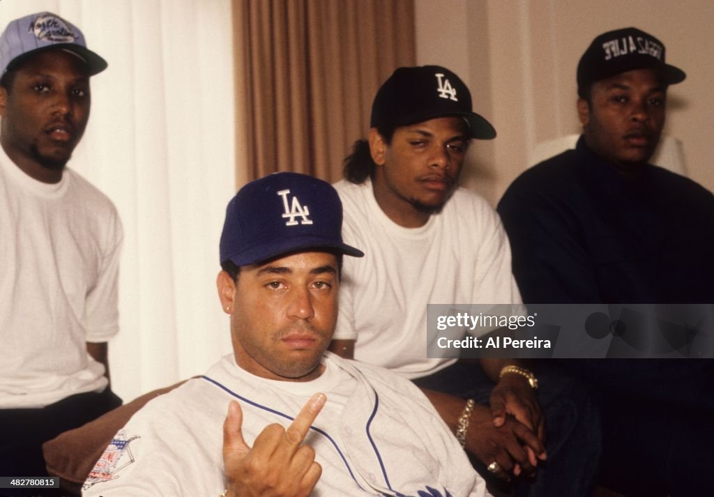 Rappers MC Ren, DJ Yella, Eazy-E and Dr. Dre of the rap group NWA