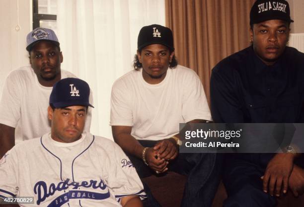 Rappers MC Ren, DJ Yella, Eazy-E and Dr. Dre of the rap group NWA pose for a portrait in 1991 in New York, New York. DJ Yella is giving the...