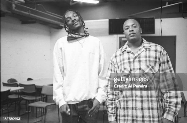Rappers Dr. Dre and Snoop Dogg backstage at the Source Awards which were held at Madison Square Garden on August 3, 1995 in New York, New York.
