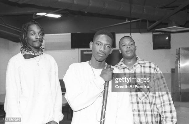 Rappers Dr. Dre and Snoop Dogg backstage at the Source Awards which were held at Madison Square Garden on August 3, 1995 in New York, New York.