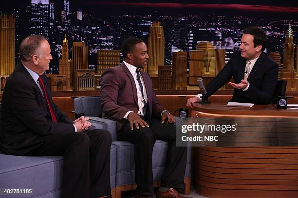 Episode 0035 -- Pictured: Political commentator Bill O'Reily and actor Anthony Mackie during an interview with host Jimmy Fallon on April 4, 2014 --