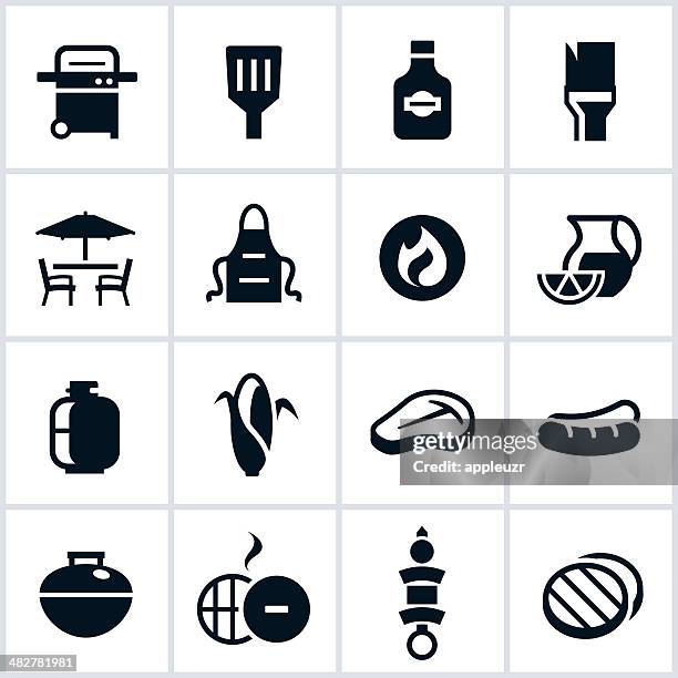 ilustrações de stock, clip art, desenhos animados e ícones de preto grilling e ícones do bbq - bola de fogo