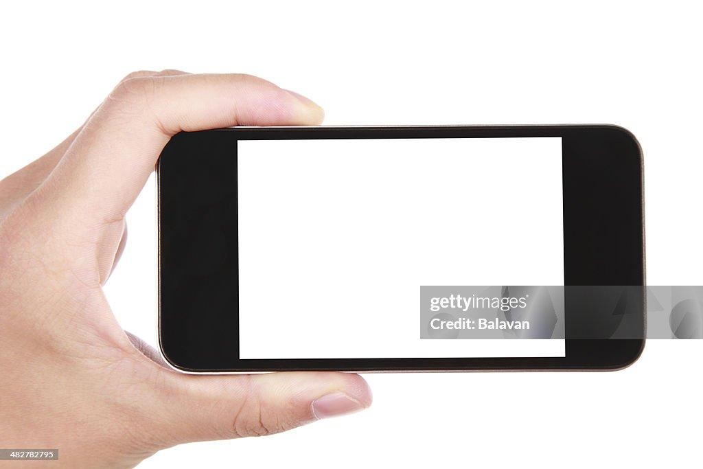Hand holding blank screen smart phone on white background